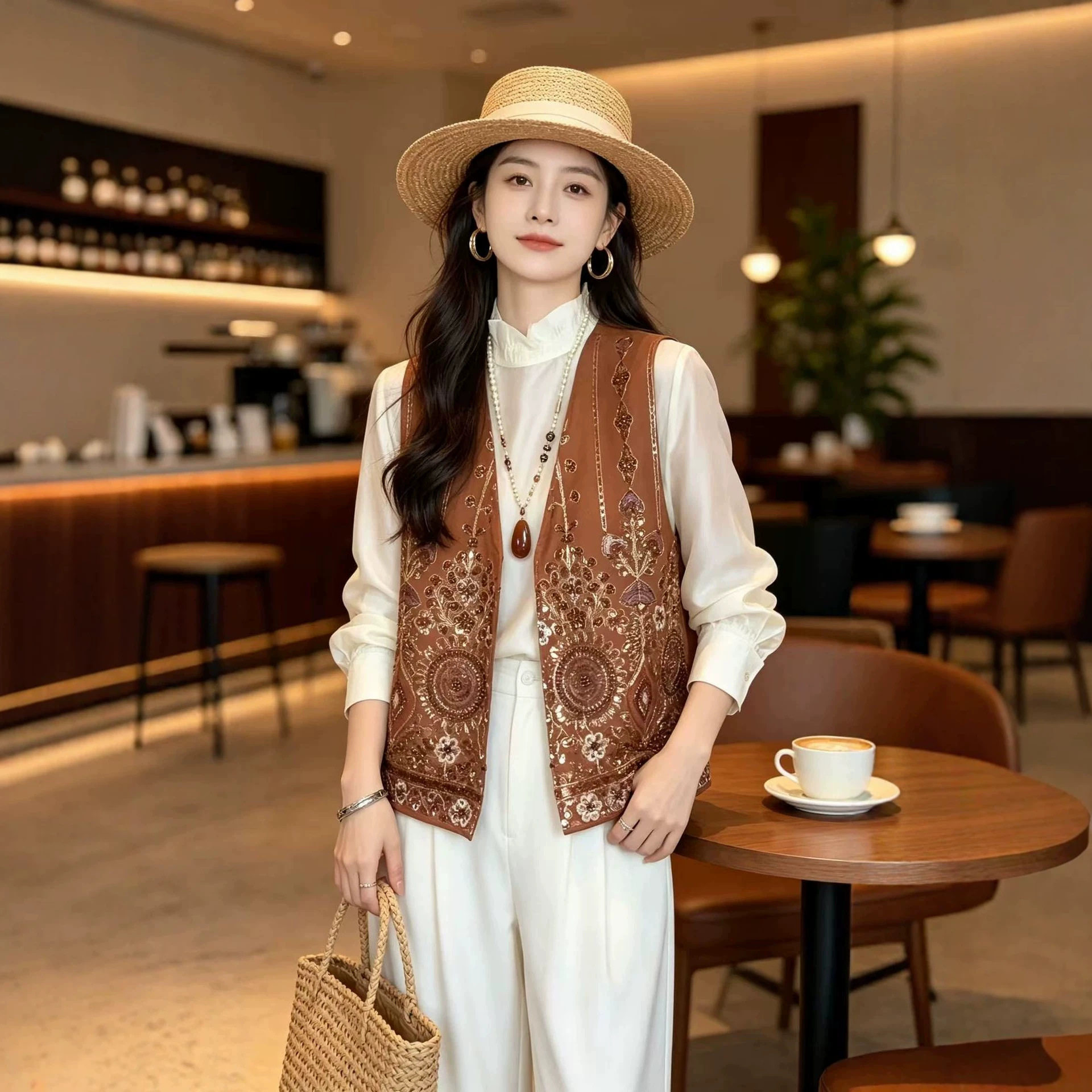 园园美衣时尚优雅气质大V领新中式重工钉珠无袖女马甲潮