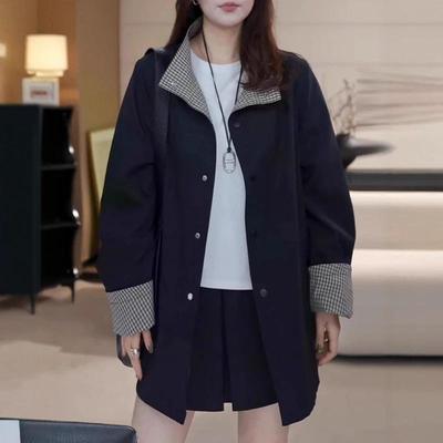 园园美衣欧货高级感两面穿风衣外套女中长款25春秋新款宽松立领格
