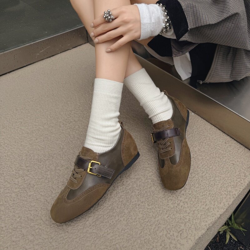 复古风真皮布洛克鞋女拼色系带低跟百搭休闲鞋