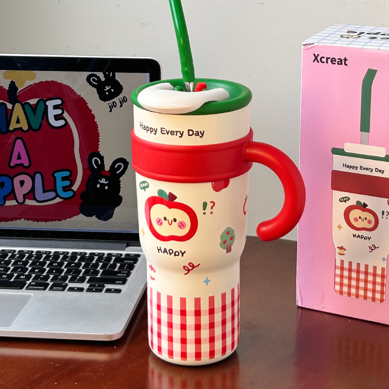 可爱圣诞苹果保温杯女生高颜值水杯吸管直饮两用冰霸杯子生日礼物