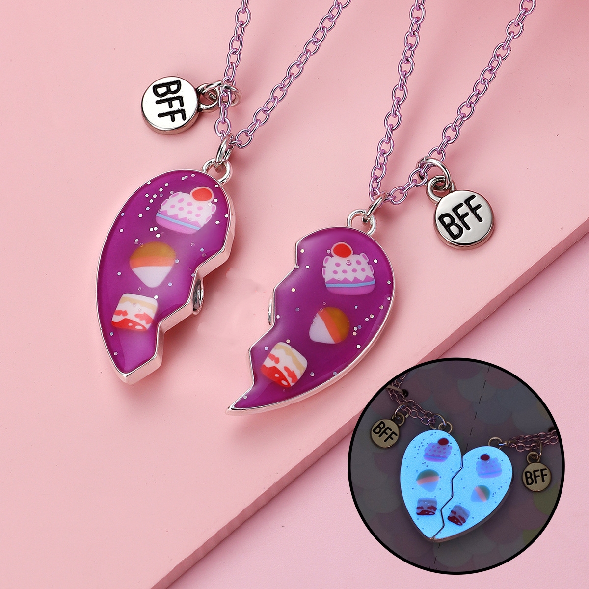 夜光爱心拼接磁吸闺蜜项链女二人款一对两人学生党好朋友友谊信物