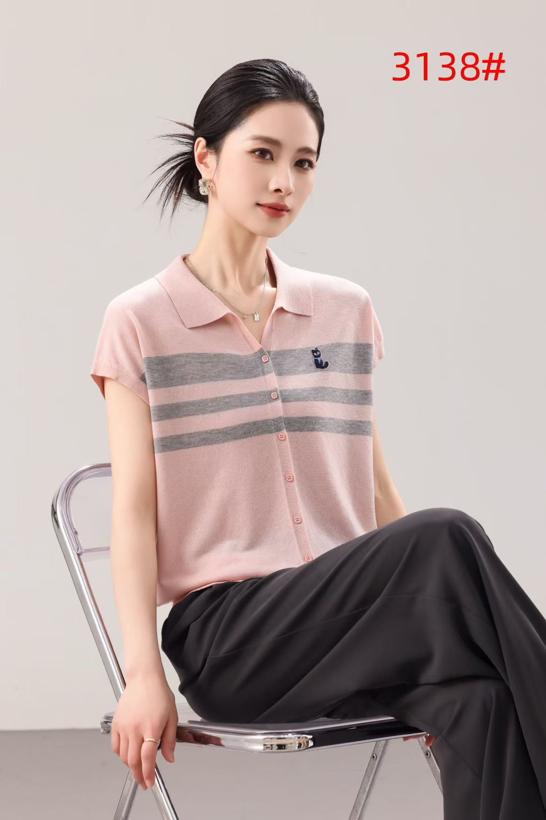 百搭翻领短袖纳米丝针织衫女春装