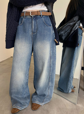 ［T台］T-PLATFORM 冬季新款抓毛牛仔裤梨形身材显瘦弯刀裤93216