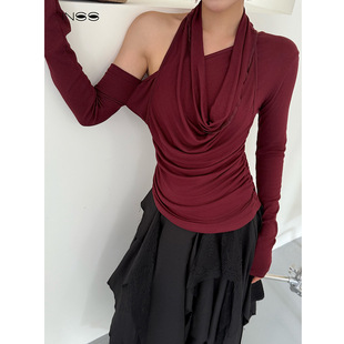 女50578 显瘦斜肩露肩上衣针织衫 INSS挂脖设计十三行2025秋季 修身