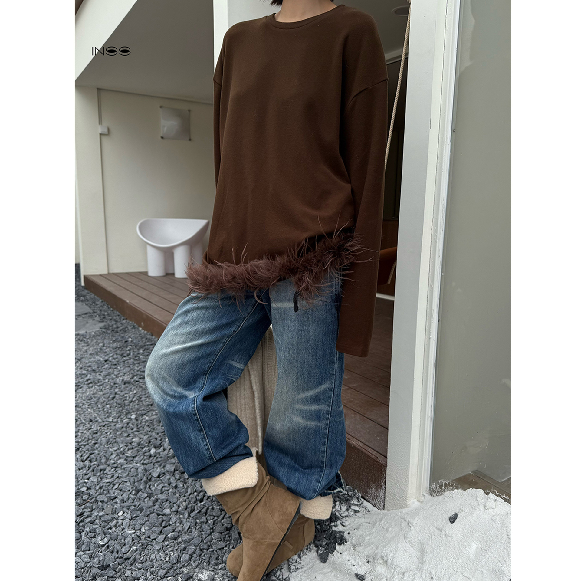 【INSS】设计感下摆真毛毛边宽松保暖抓绒针织衫女  22812