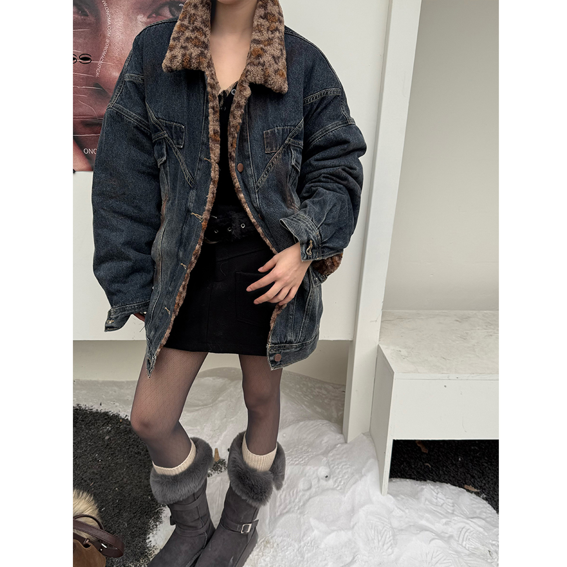 【INSS】牛仔外套女加绒羊羔毛豹纹宽松复古夹克女900398