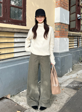 ［T台］T-PLATFORM 冬款加绒保暖拖地裤韩系高腰直筒牛仔裤93299