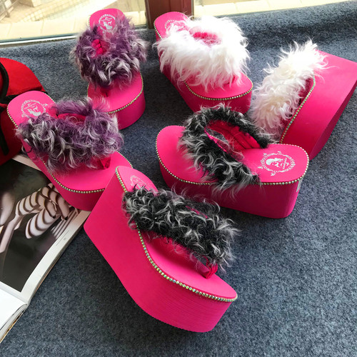 毛毛拖鞋人字厚底增高休闲个性