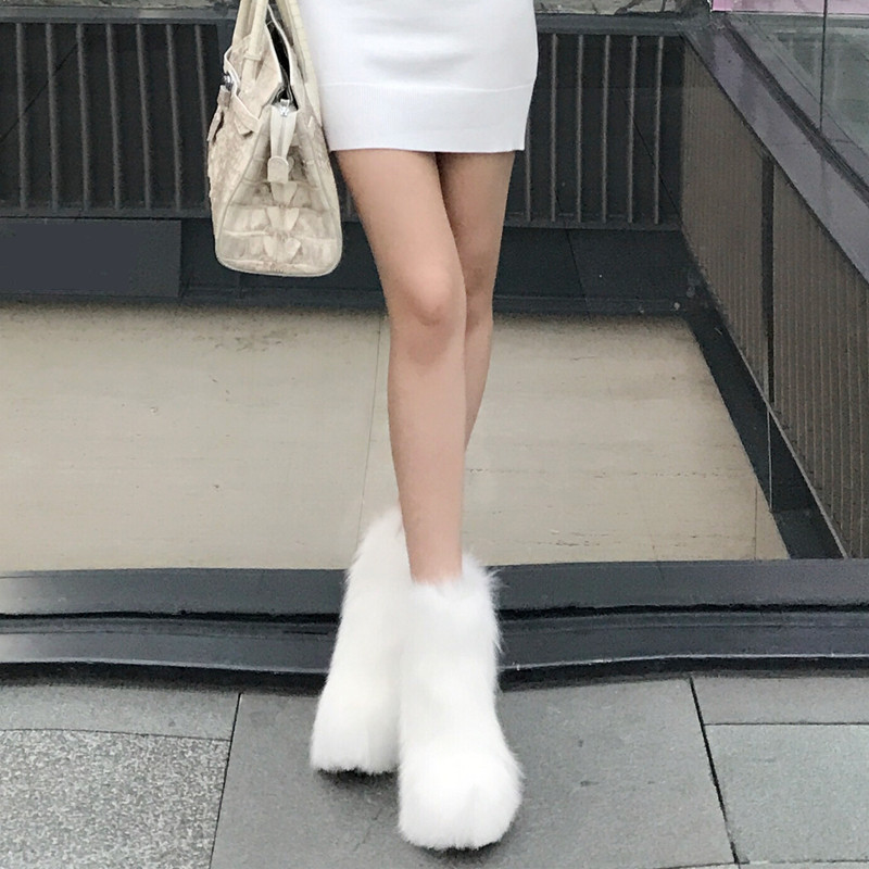 欧洲站秋冬狐狸毛圆头高跟坡跟侧拉链加绒皮草毛毛靴水晶跟女短靴