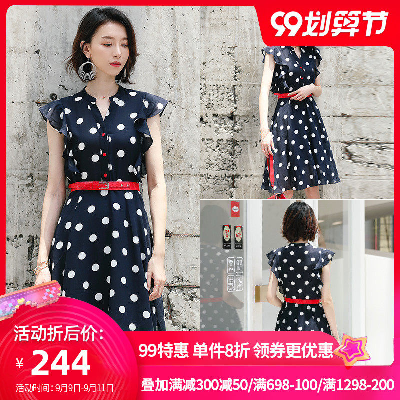名人瑞裳雪纺连衣裙女夏2018新款过膝中长款波点气质收腰无袖长裙