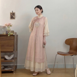 文艺复古新中式简约长款马甲百搭连衣裙两件套装2026年春夏季新款