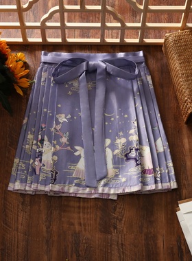 夏季新款汉服中国风传统汉元素改良版明制收腰系带短款紫色马面裙