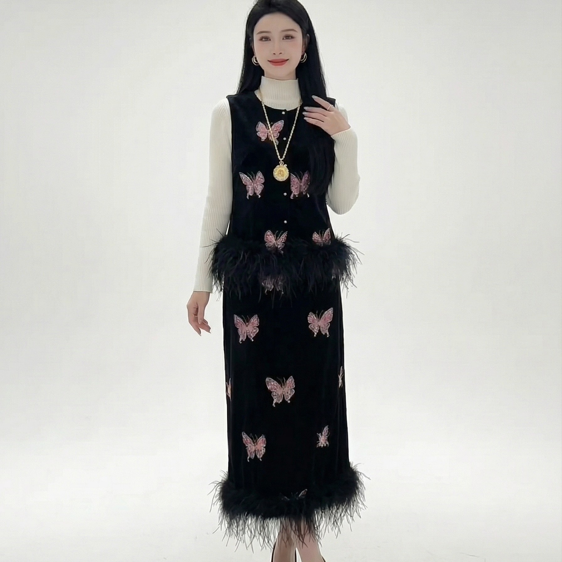 优雅新中式国风黑色毛毛马甲半身裙显瘦百搭两件套2025年秋冬季款,女装/女士精品,时尚套装,淘宝优惠券,粉丝福利购,淘宝优惠卷