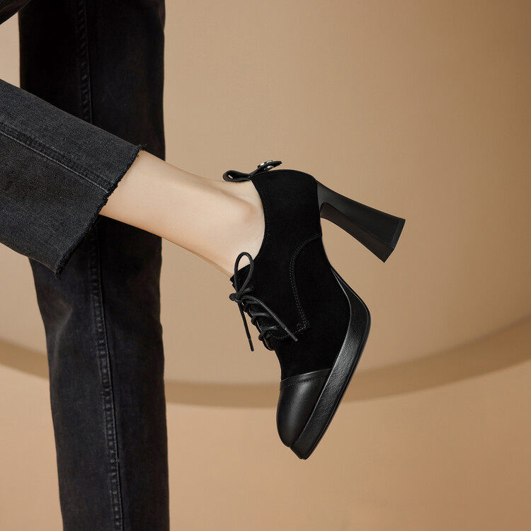 尖头粗跟羊翻皮系带猪皮内里深口及踝靴春秋常穿,女鞋,深口单鞋,淘宝优惠券,粉丝福利购,淘宝优惠卷