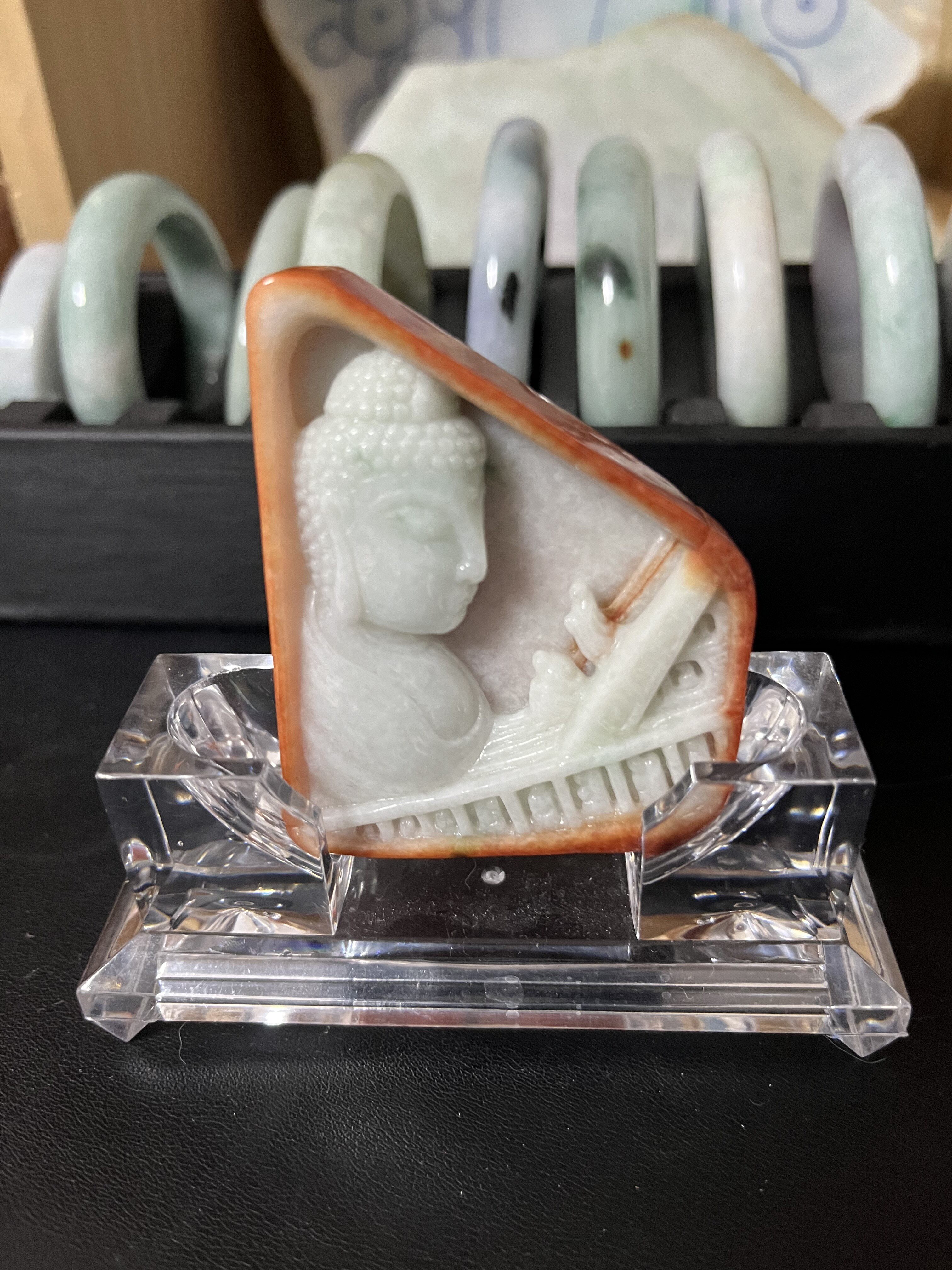 缅A翡翠红皮纯手工雕刻问道参佛特色挂件车载手把件