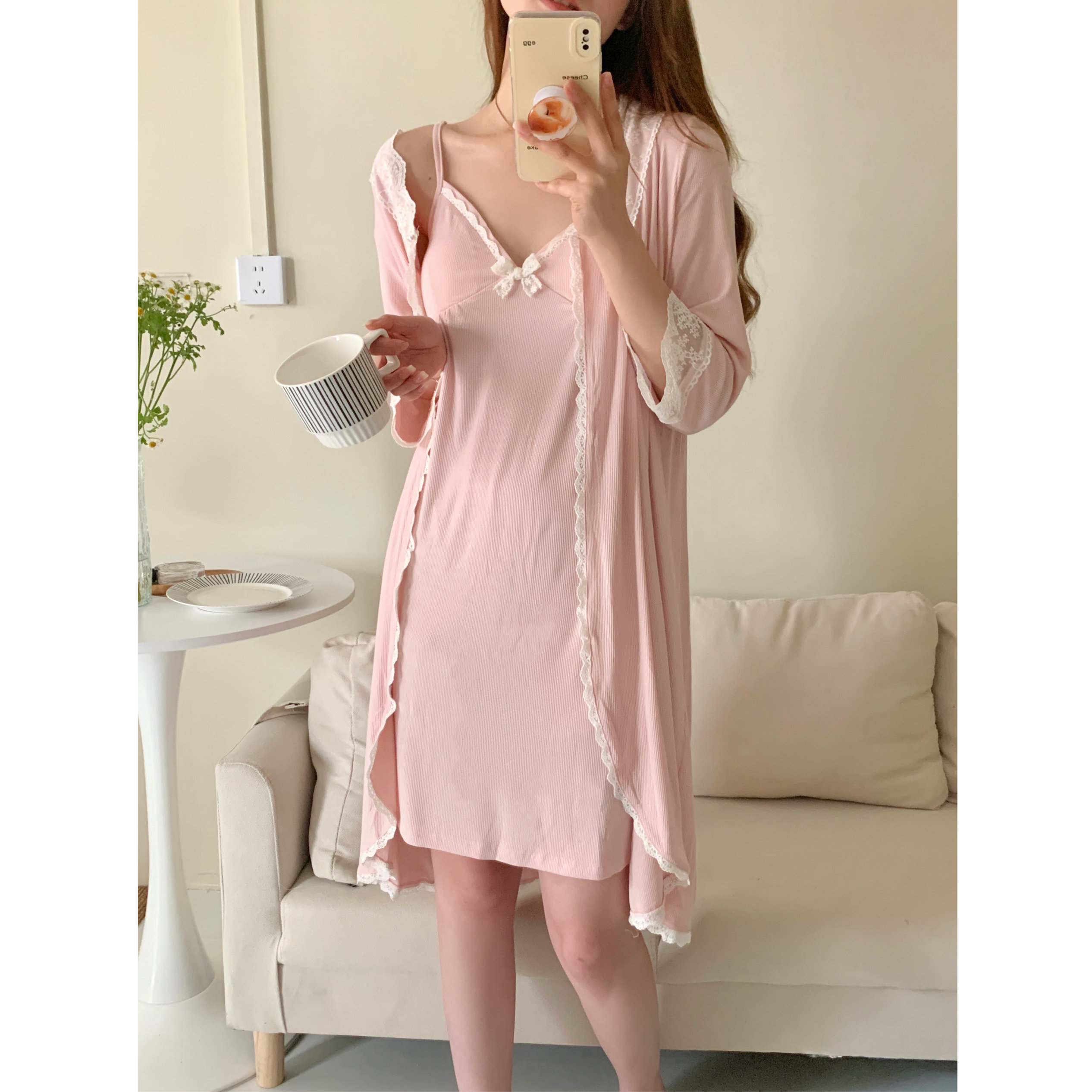 【粉玫瑰】专柜清仓莫代尔睡裙女性感带胸垫睡衣吊带开衫套装春夏
