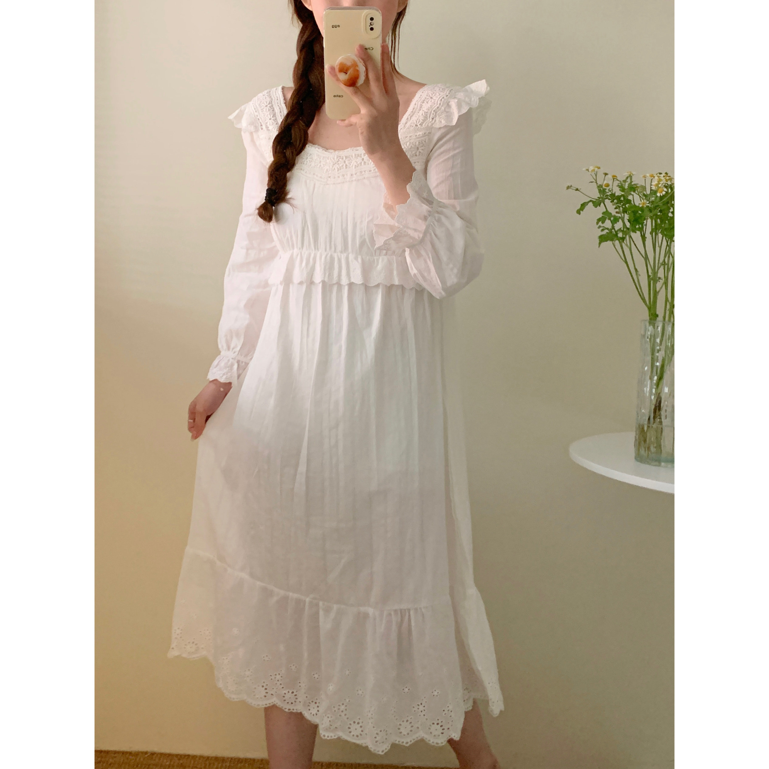 【白月光】韩国纯棉带胸垫睡裙甜美公主白色长袖睡衣家居服长裙女