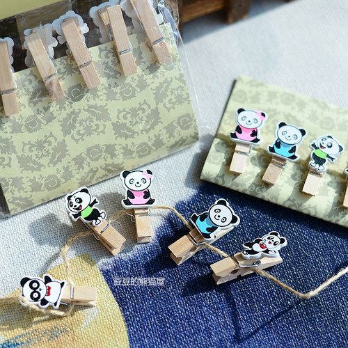熊猫木夹子实木木制照片夹装饰创意礼品布置文具家居装饰1套10个