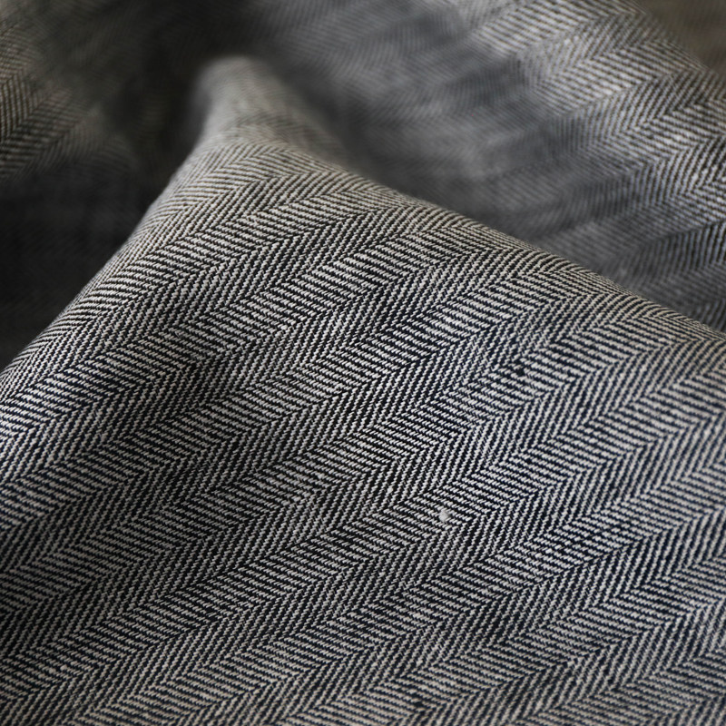 意大利进口薄款黑白人字鱼骨纹细腻编织纯亚麻面料设计师布料