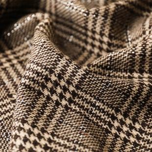 意大利进口复古米驼棕褐色璀璨闪银犬齿格纹编织粗花呢羊毛面料