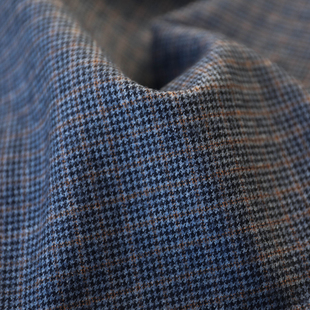 意大利进口薄款复古蓝灰橘影犬齿格纹细腻法兰绒精纺羊毛布料面料