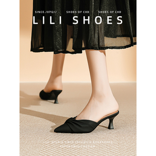 法式黑色高跟凉鞋穆勒鞋女2026年春夏新款尖头包头半拖外穿配裙子