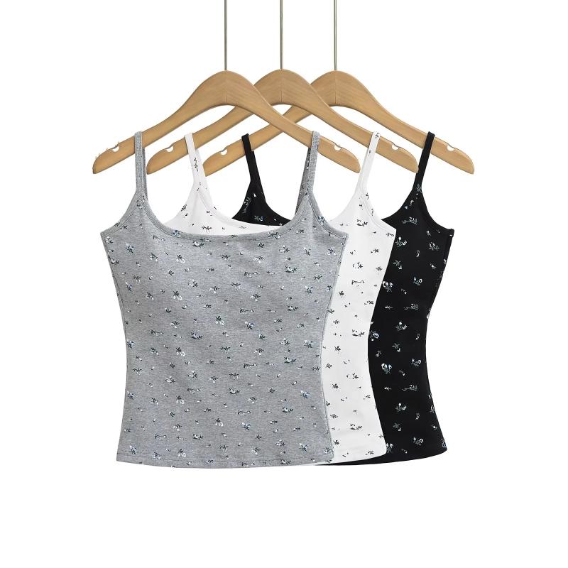 碎花一字肩带胸垫短款吊带背心女