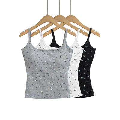 碎花一字肩带胸垫短款吊带背心女