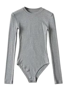 欧美风复古宽螺纹圆领长袖T恤女秋季形体舞蹈内搭上衣连体打底衫