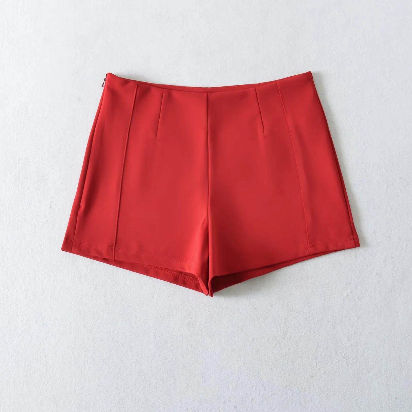 辣妹高腰修身短裤女夏季显瘦侧腰拉链直筒休闲裤简约红色包臀热裤