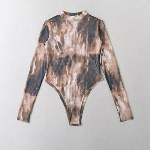 扎染套指长袖纱网上衣连体打底衫女装新品夏季薄款修身半高领T恤