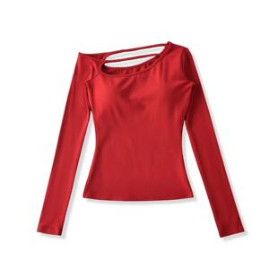 辣妹风斜肩镂空长袖T恤女带胸垫修身显瘦打底衫设计感漏锁骨上衣