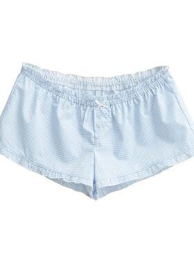 辣妹风蓝色格纹花边短裤子女夏新品荷叶边低腰宽松显瘦居家休闲裤