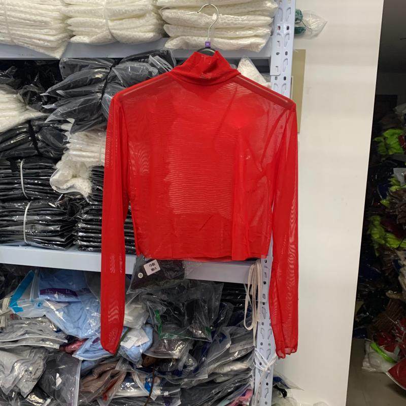 透视短款毛边露脐打底衫女秋冰丝长袖内搭t恤薄纱衣高领网纱上衣