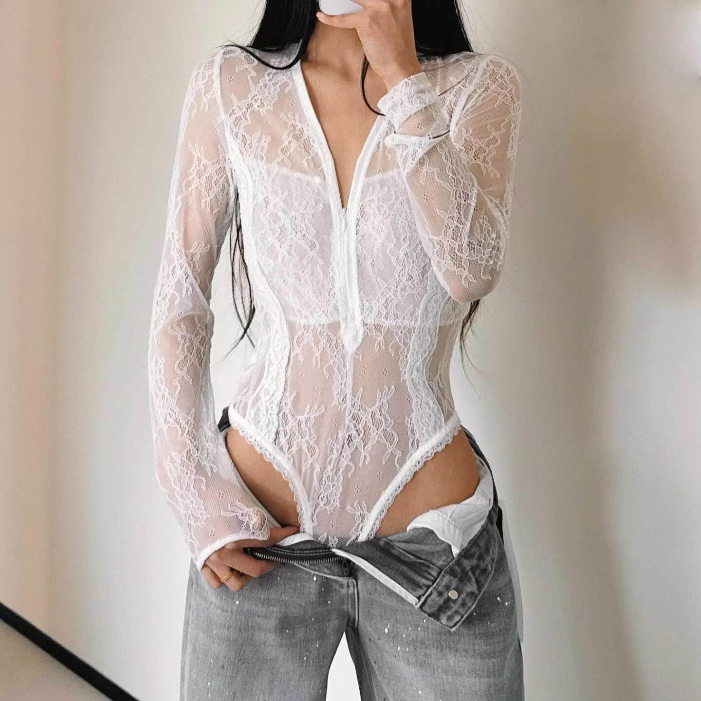 性感风V领蕾丝连体衣女长袖拉链透视修身打底衫辣妹风连裆上衣潮