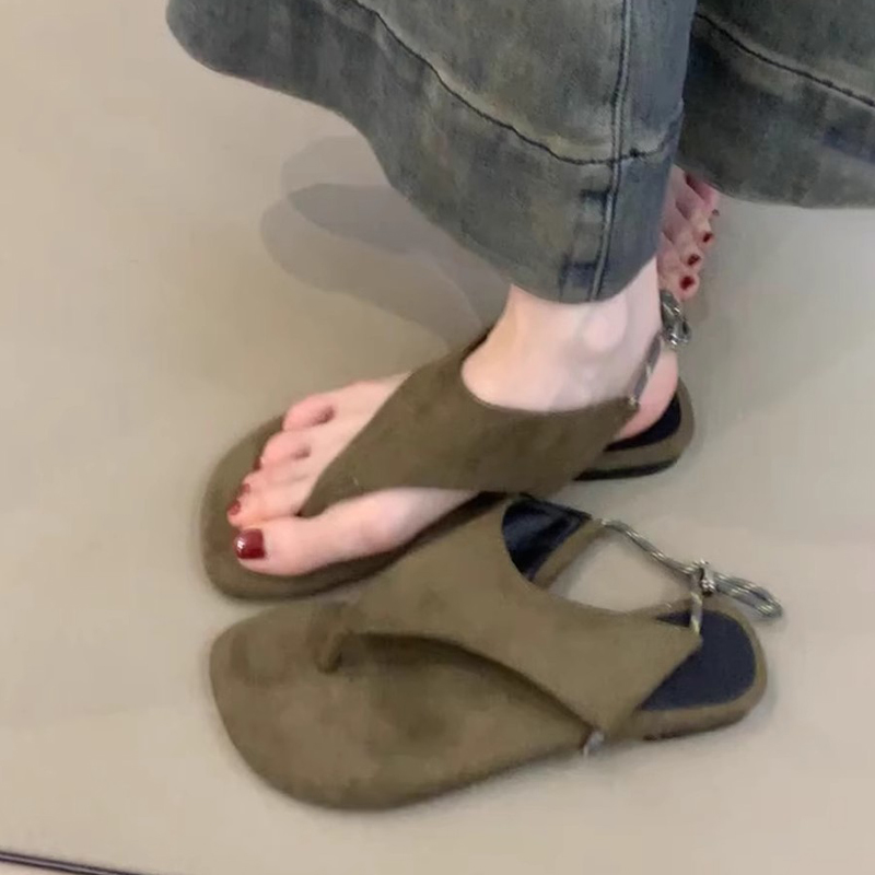 羊皮版~复古简约真皮夹趾凉鞋女百搭人字拖外穿度假风平底罗马鞋