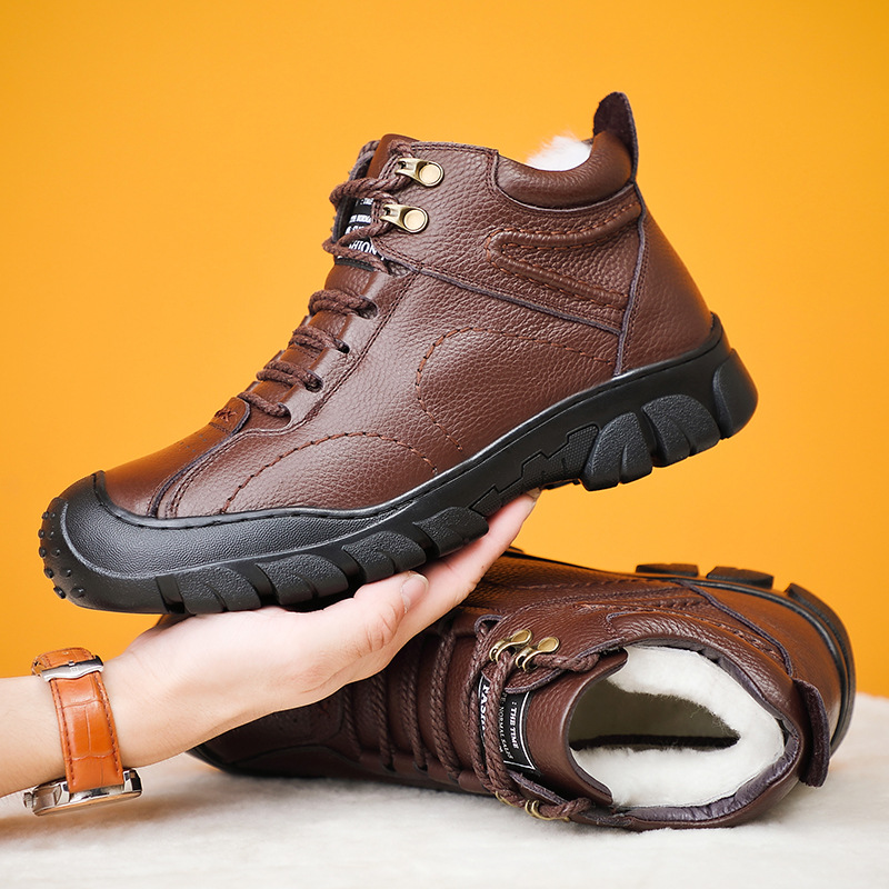 冬季新款头层牛皮男士棉鞋保暖羊毛户外登山真皮高帮休闲男鞋皮发