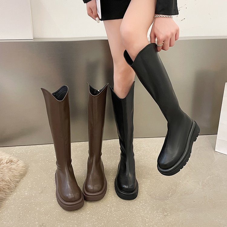 秋冬新款40 44大码女靴41-43长筒靴大筒围圆头粗跟显瘦高筒靴