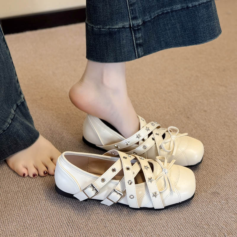 复古蝴蝶结交叉带玛丽珍鞋女2025春夏新款浅口铆钉芭蕾舞平底单鞋