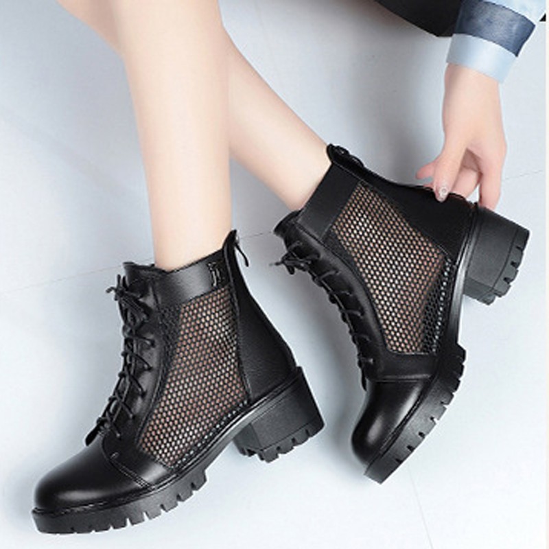 英伦风粗跟网面透气凉靴子百搭软底时尚凉鞋2025夏季新款潮流单鞋