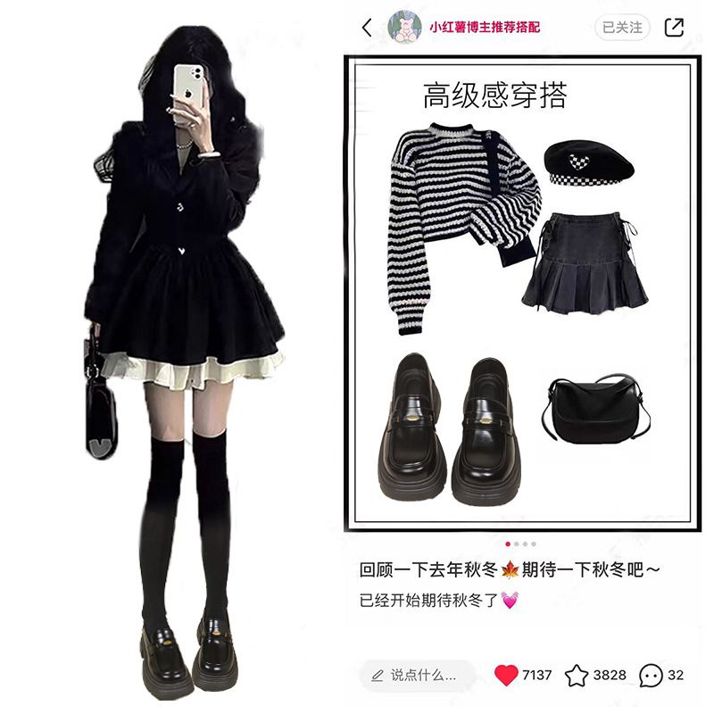 新款制服小皮鞋女2024秋新款粗跟单鞋增高厚底黑色一脚蹬乐福鞋女