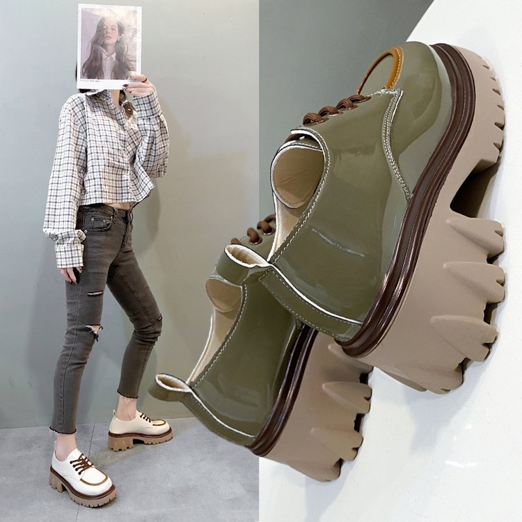 学院风小皮鞋女2025春季新款拼色复古粗跟增高厚底百搭网