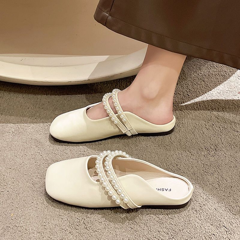 珍珠真皮凉拖鞋女2025包头法式软底气质淑女低跟外穿高级感半拖鞋