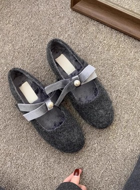 灰色仙女棉鞋韩系毛毛鞋女冬外穿加绒平底法式单鞋新款黑色玛丽珍