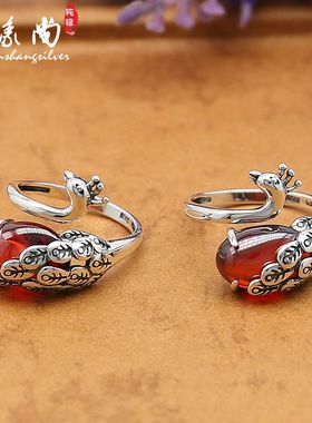 纯银戒子红石榴石S925妖媚孔雀