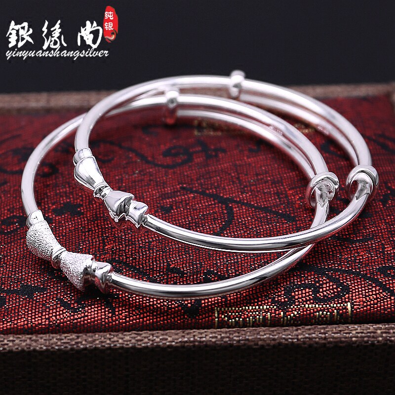 S999足银甜美蝴蝶结光面磨砂银手镯 女生纯银时尚推拉手镯送女友