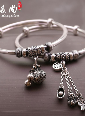9999足银手镯复古纯银流苏款貔貅福袋叶子吊坠推拉银镯子女送女友