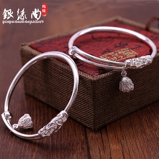 银手镯 S999纯银女款 光面足银纯银莲蓬手镯带铃铛 送女友送妈妈