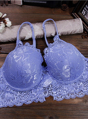 A12 蓝色蕾丝全罩杯薄款文胸 大码内衣女夏季性感内衣75B85C90C