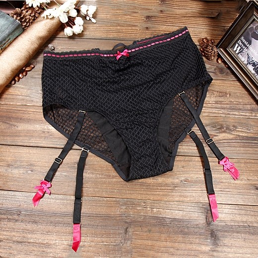 d1 欧美大码黑色性感网格镂空女吊袜裤带 高腰包臀三角裤配吊带